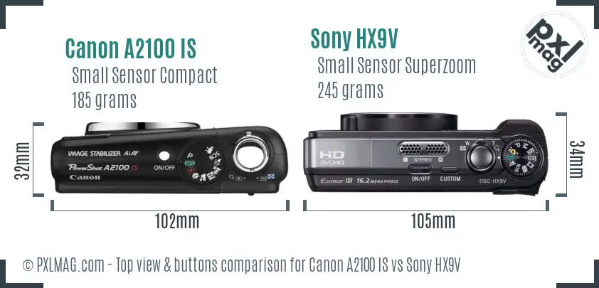 Canon A2100 IS vs Sony HX9V top view buttons comparison