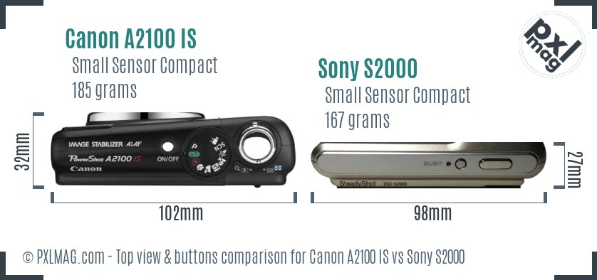 Canon A2100 IS vs Sony S2000 top view buttons comparison