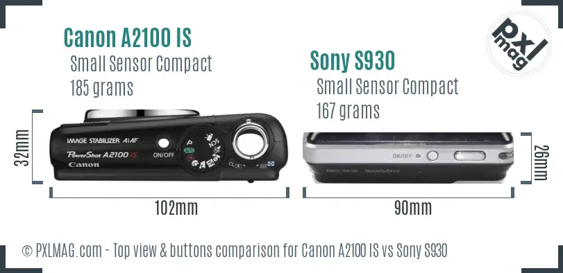 Canon A2100 IS vs Sony S930 top view buttons comparison