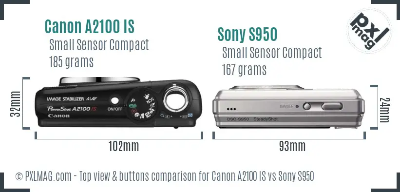 Canon A2100 IS vs Sony S950 top view buttons comparison Canon A2100 IS vs Sony S950 top view buttons comparison