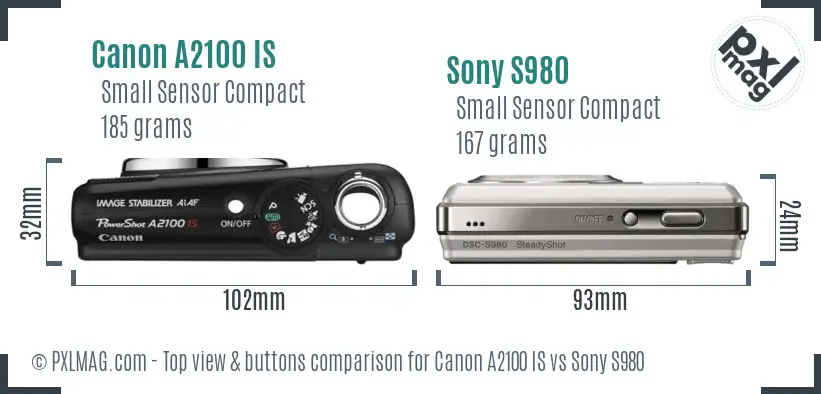 Canon A2100 IS vs Sony S980 top view buttons comparison Canon A2100 IS vs Sony S980 top view buttons comparison