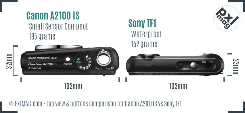 Canon A2100 IS vs Sony TF1 top view buttons comparison