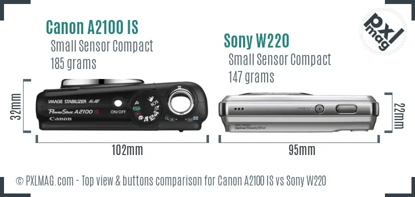 Canon A2100 IS vs Sony W220 top view buttons comparison Canon A2100 IS vs Sony W220 top view buttons comparison