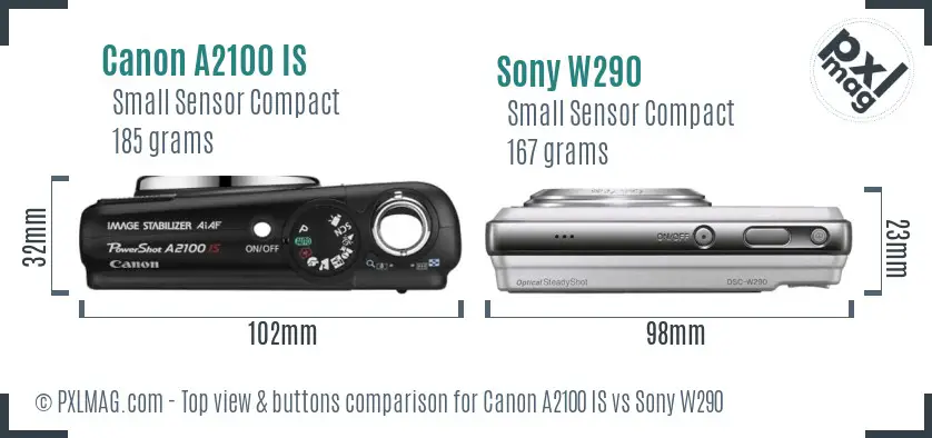 Canon A2100 IS vs Sony W290 top view buttons comparison Canon A2100 IS vs Sony W290 top view buttons comparison