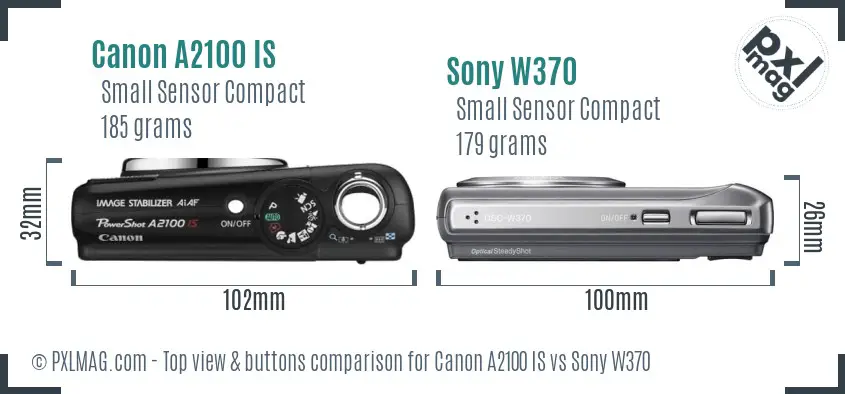 Canon A2100 IS vs Sony W370 top view buttons comparison Canon A2100 IS vs Sony W370 top view buttons comparison