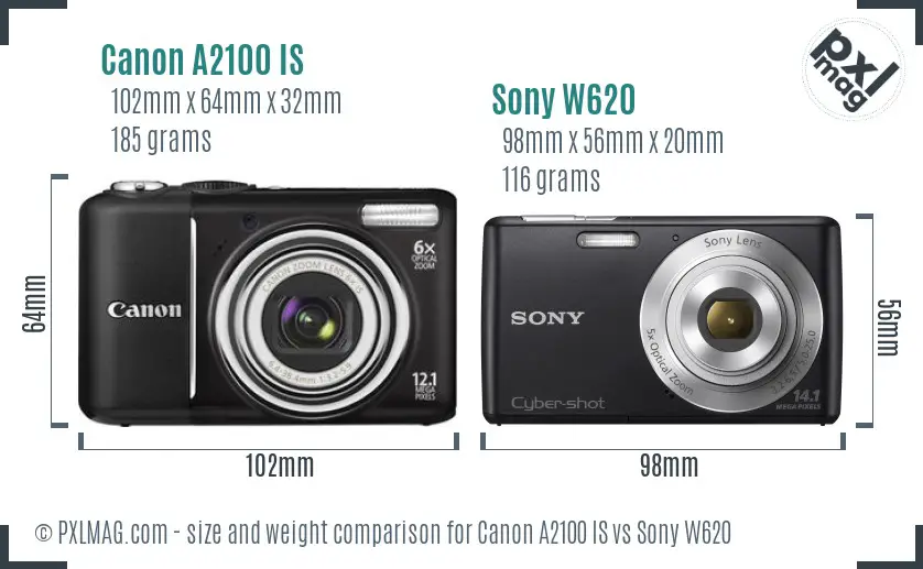 Canon A2100 IS vs Sony W620 size comparison