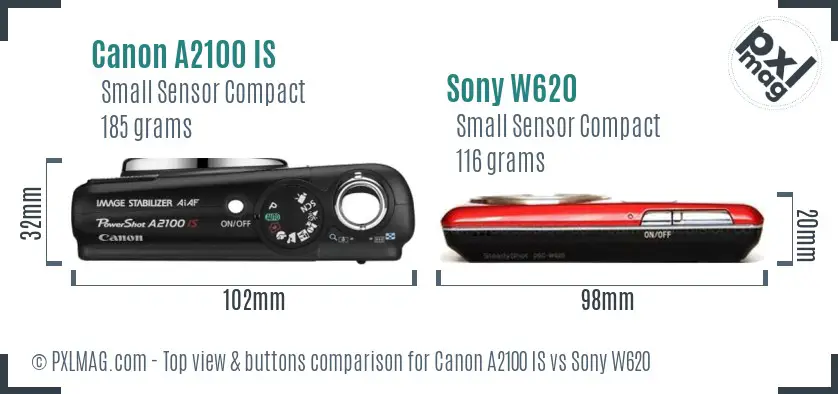 Canon A2100 IS vs Sony W620 top view buttons comparison