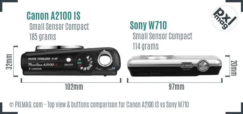 Canon A2100 IS vs Sony W710 top view buttons comparison Canon A2100 IS vs Sony W710 top view buttons comparison