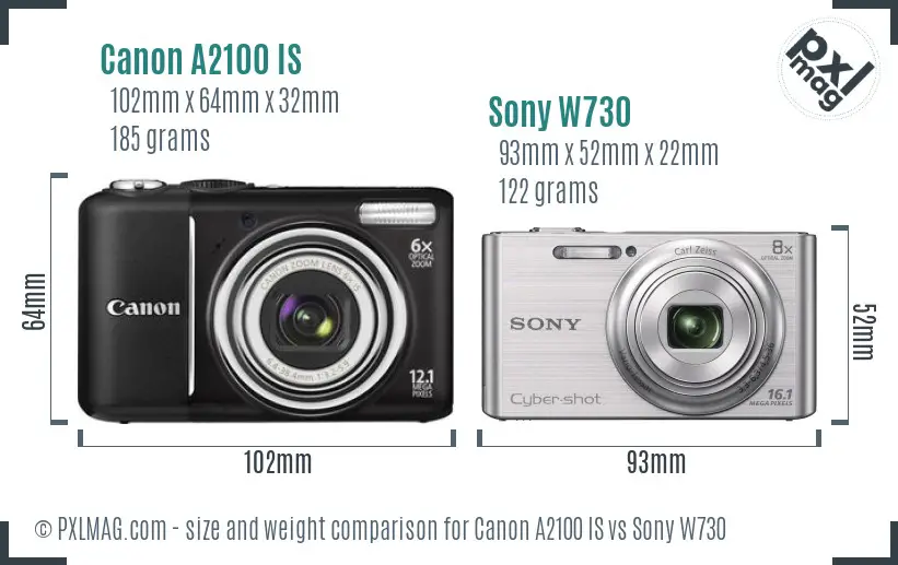 Canon A2100 IS vs Sony W730 size comparison