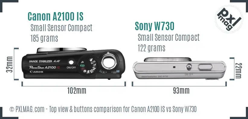 Canon A2100 IS vs Sony W730 top view buttons comparison