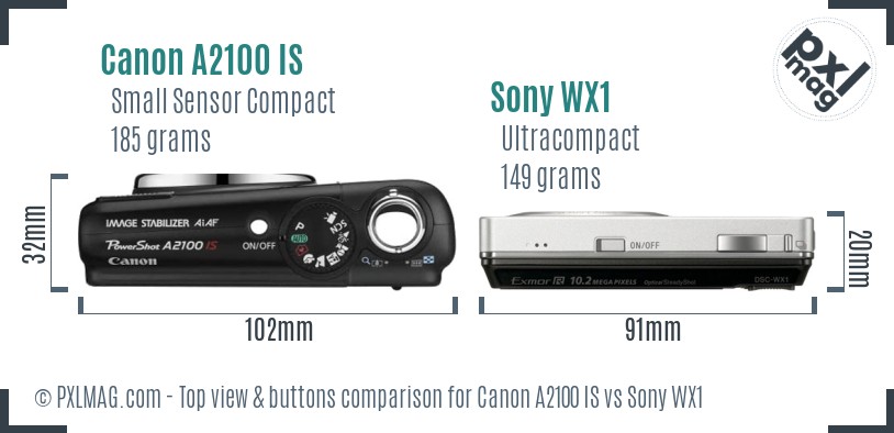 Canon A2100 IS vs Sony WX1 top view buttons comparison