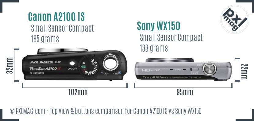 Canon A2100 IS vs Sony WX150 top view buttons comparison