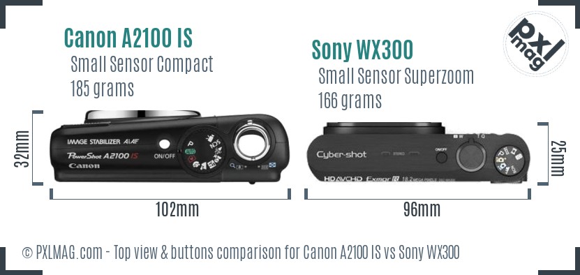 Canon A2100 IS vs Sony WX300 top view buttons comparison