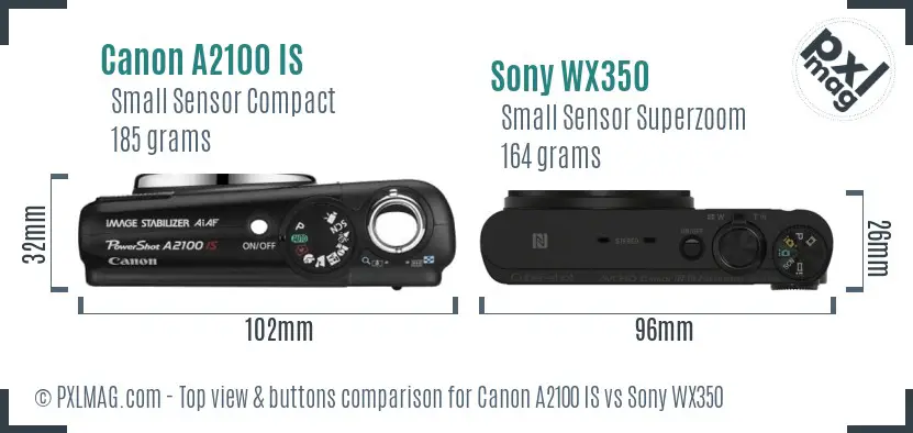 Canon A2100 IS vs Sony WX350 top view buttons comparison