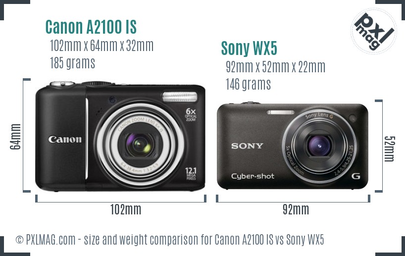 Canon A2100 IS vs Sony WX5 size comparison