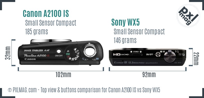 Canon A2100 IS vs Sony WX5 top view buttons comparison
