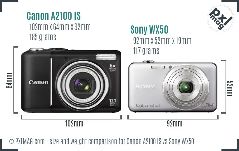 Canon A2100 IS vs Sony WX50 size comparison