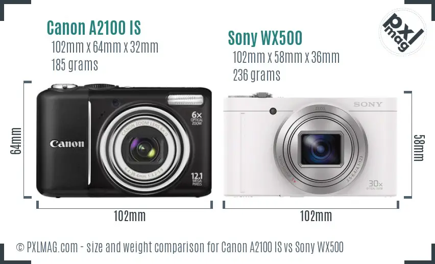 Canon A2100 IS vs Sony WX500 size comparison