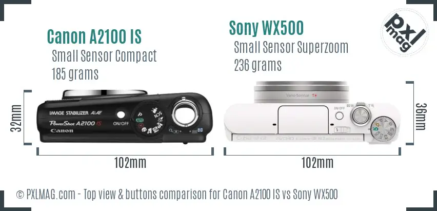 Canon A2100 IS vs Sony WX500 top view buttons comparison