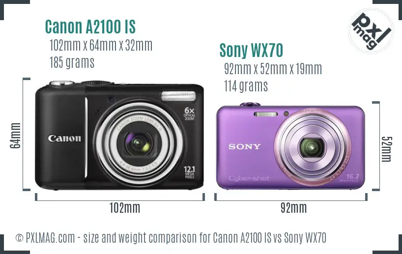 Canon A2100 IS vs Sony WX70 size comparison
