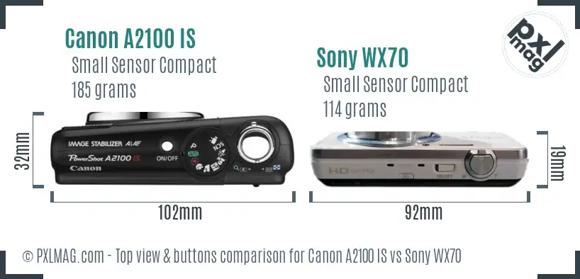 Canon A2100 IS vs Sony WX70 top view buttons comparison