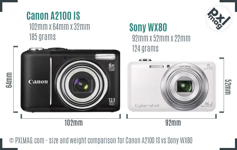 Canon A2100 IS vs Sony WX80 size comparison