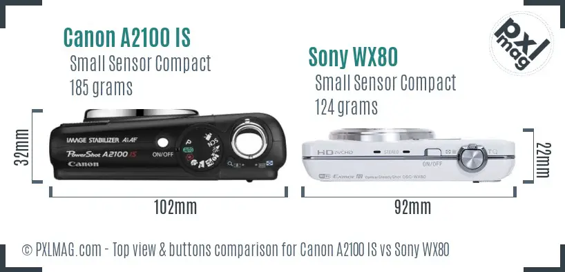 Canon A2100 IS vs Sony WX80 top view buttons comparison