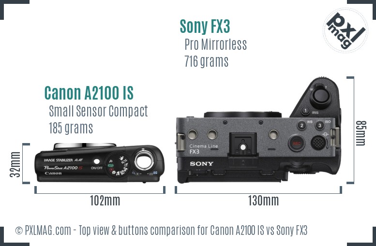 Canon A2100 IS vs Sony FX3 top view buttons comparison