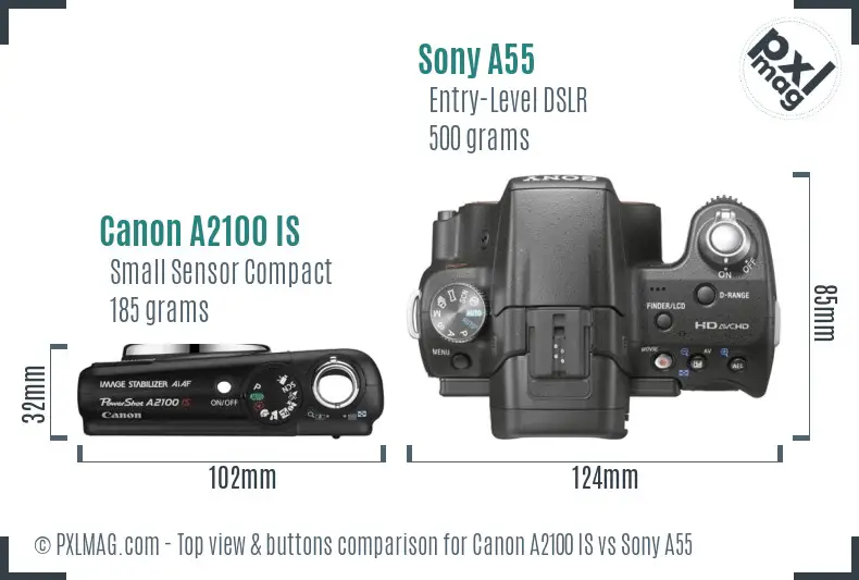 Canon A2100 IS vs Sony A55 top view buttons comparison
