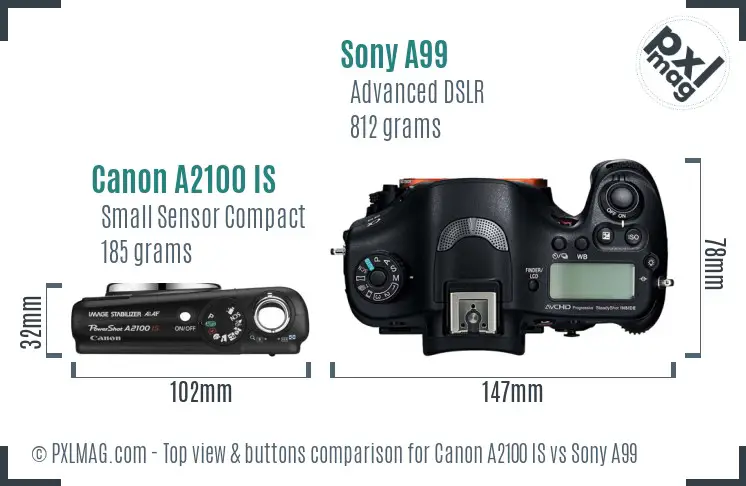 Canon A2100 IS vs Sony A99 top view buttons comparison