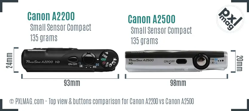 Canon A2200 vs Canon A2500 top view buttons comparison