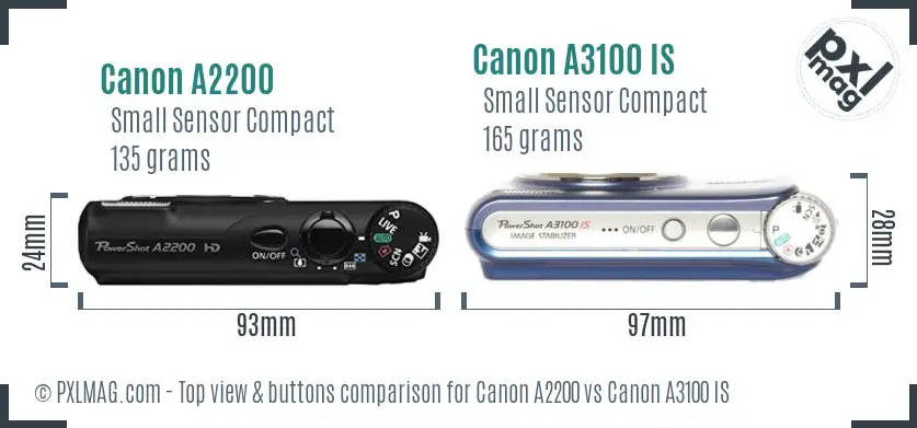 Canon A2200 vs Canon A3100 IS top view buttons comparison