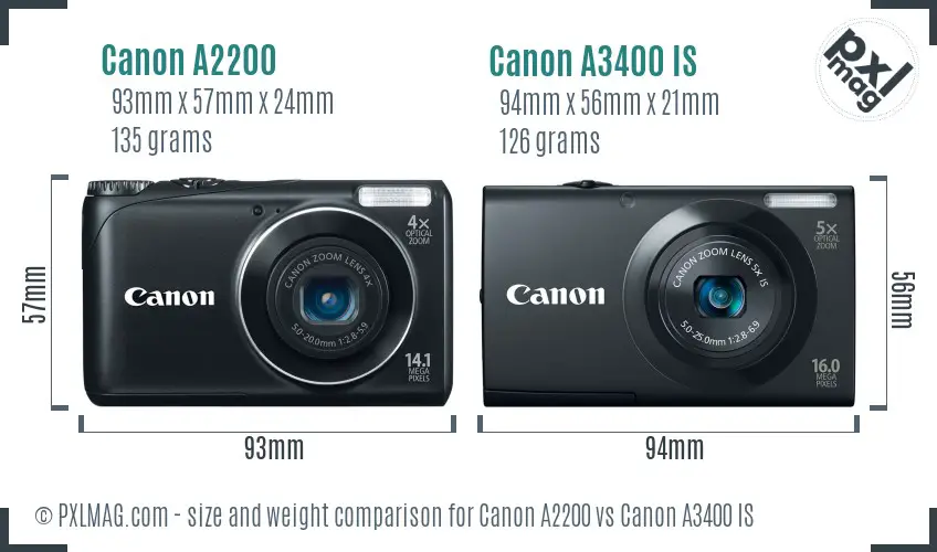 Canon A2200 vs Canon A3400 IS size comparison