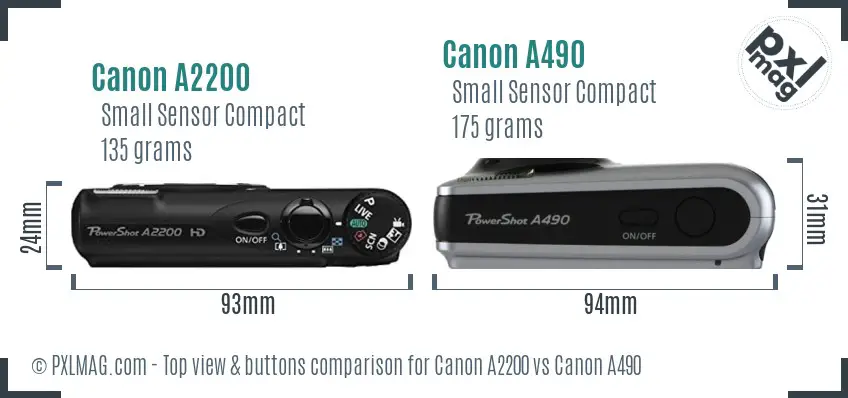 Canon A2200 vs Canon A490 top view buttons comparison