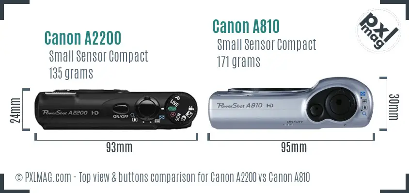 Canon A2200 vs Canon A810 top view buttons comparison
