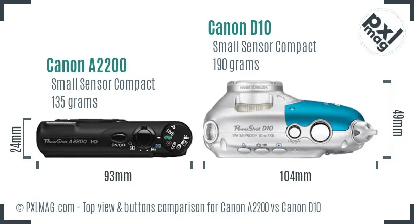 Canon A2200 vs Canon D10 top view buttons comparison