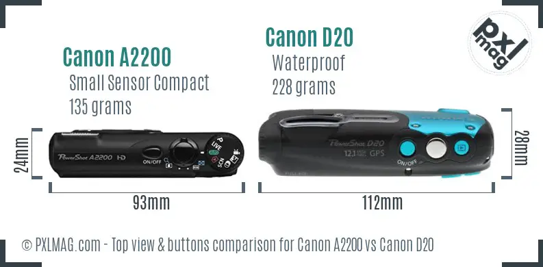 Canon A2200 vs Canon D20 top view buttons comparison