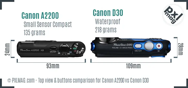 Canon A2200 vs Canon D30 top view buttons comparison