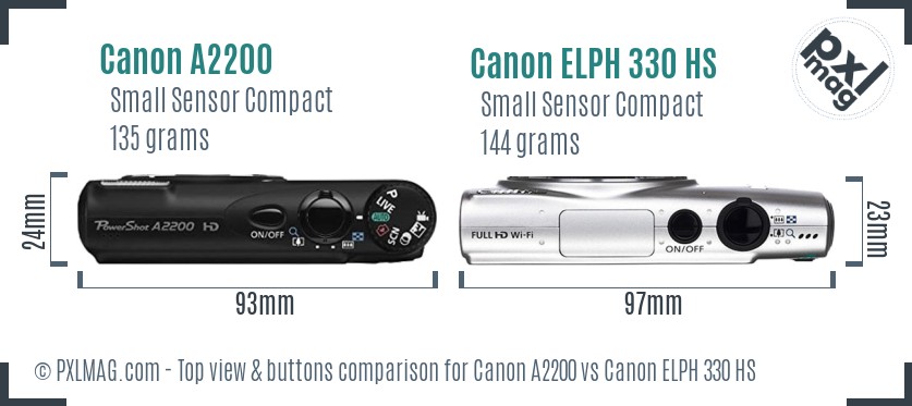 Canon A2200 vs Canon ELPH 330 HS top view buttons comparison