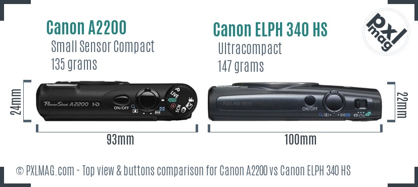 Canon A2200 vs Canon ELPH 340 HS top view buttons comparison