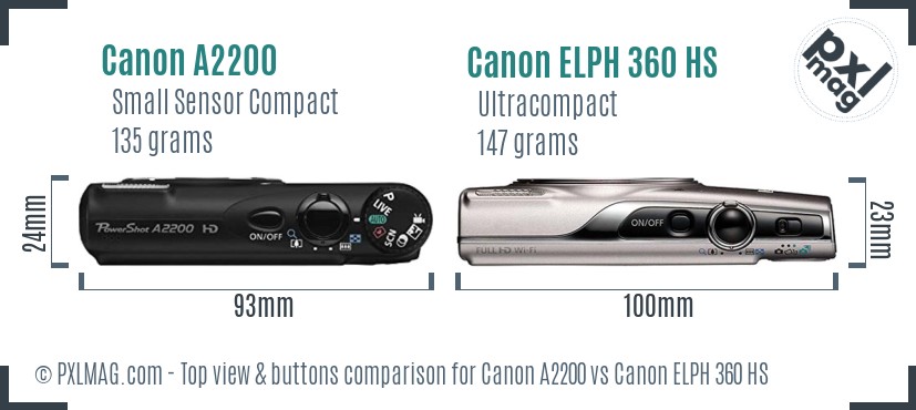 Canon A2200 vs Canon ELPH 360 HS top view buttons comparison