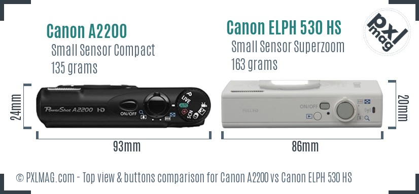 Canon A2200 vs Canon ELPH 530 HS top view buttons comparison