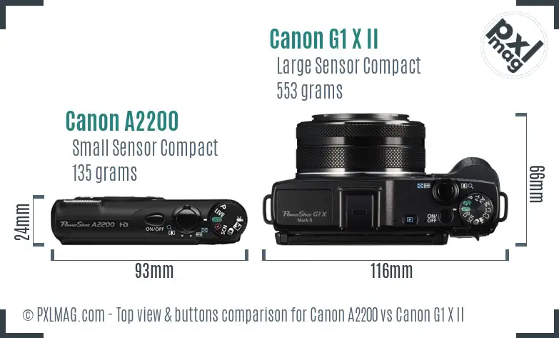 Canon A2200 vs Canon G1 X II top view buttons comparison