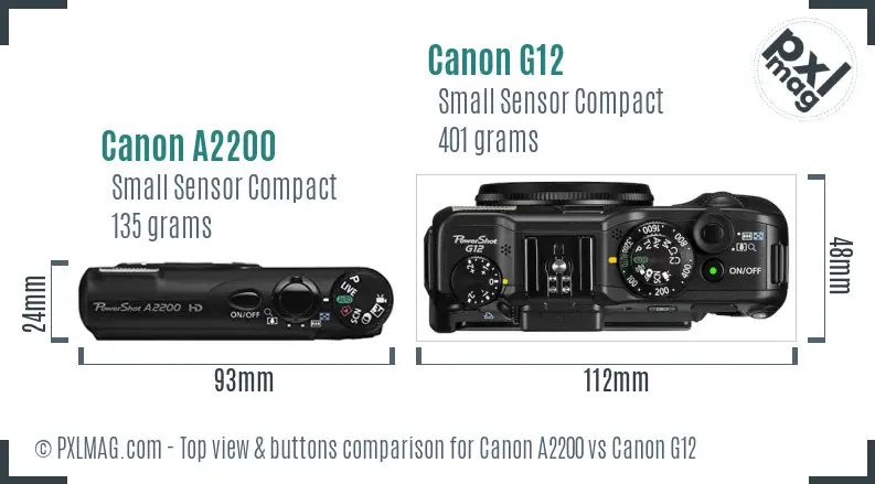Canon A2200 vs Canon G12 top view buttons comparison