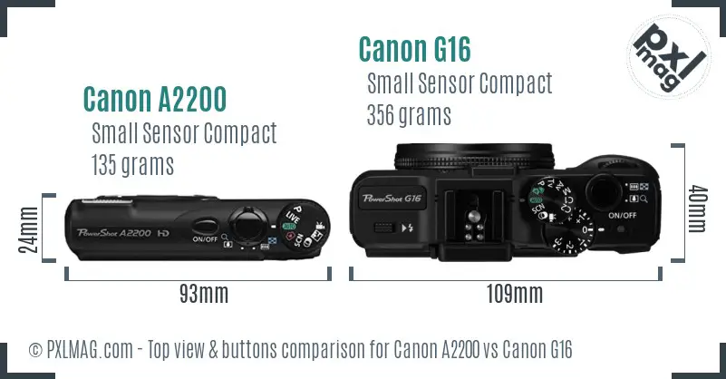 Canon A2200 vs Canon G16 top view buttons comparison