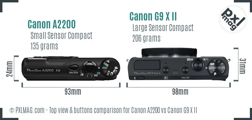 Canon A2200 vs Canon G9 X II top view buttons comparison