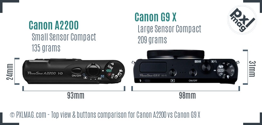 Canon A2200 vs Canon G9 X top view buttons comparison