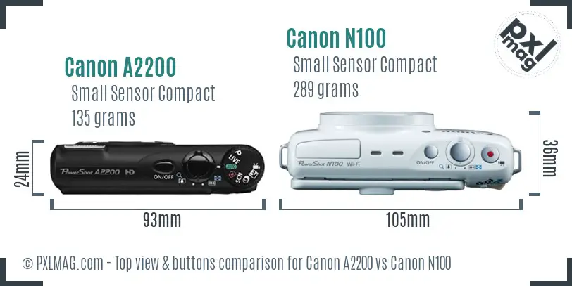 Canon A2200 vs Canon N100 top view buttons comparison