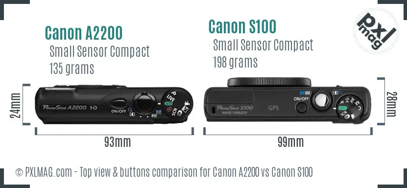 Canon A2200 vs Canon S100 top view buttons comparison Canon A2200 vs Canon S100 top view buttons comparison