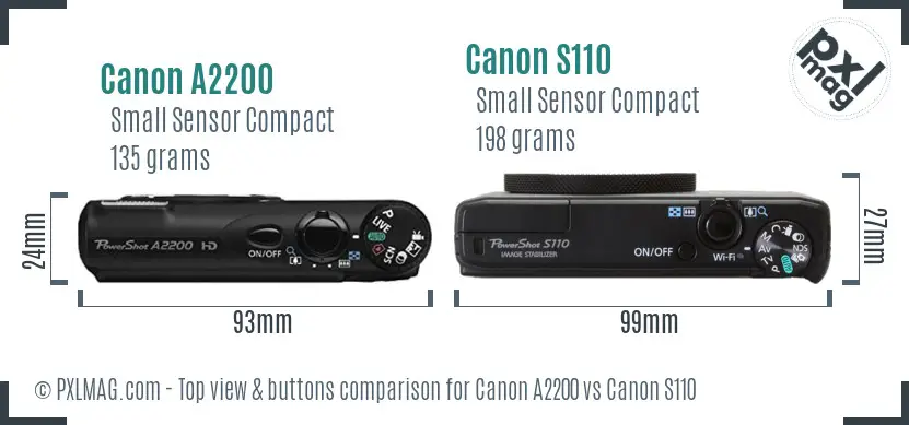 Canon A2200 vs Canon S110 top view buttons comparison